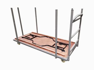 Stalen transportkar voor 15 houten klaptafels van 183 cm